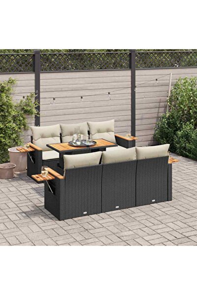 vidaxl Set canapele gradina perne 7 piese negru, poliratan/lemn acacia