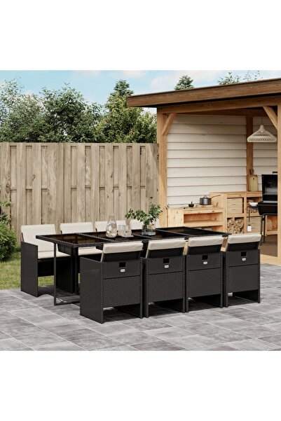 vidaxl Set mobilier de gradina cu perne, 9 piese, negru, poliratan