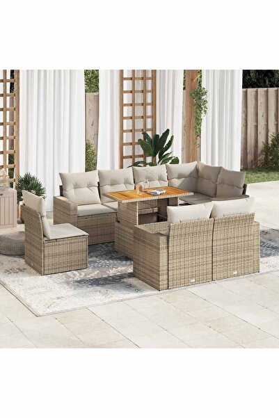 vidaxl Set canapele de gradina, 9 piese, cu perne, bej, poliratan