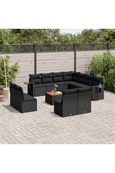 vidaxl Set canapele de gradina, 12 piese, cu perne, negru, poliratan