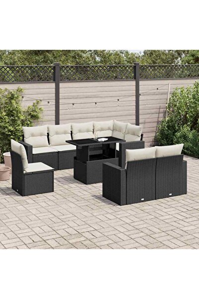 vidaxl Set mobilier de gradina cu perne, 9 piese, negru, poliratan