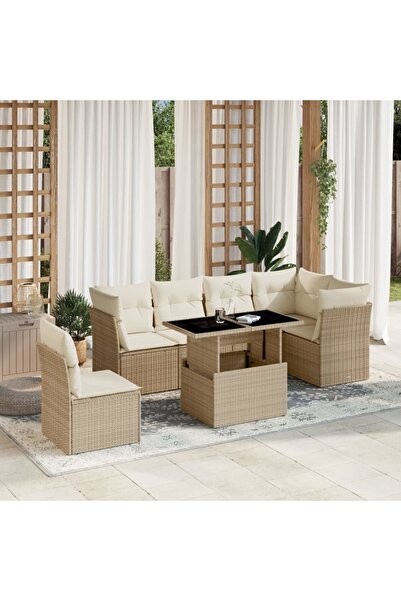 vidaxl Set canapele de gradina, 7 piese, cu perne, bej, poliratan
