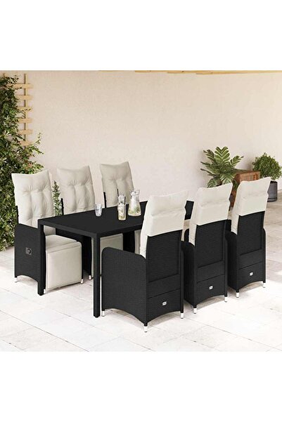 vidaxl Set bistro de gradina, 7 piese, cu perne, negru, poliratan