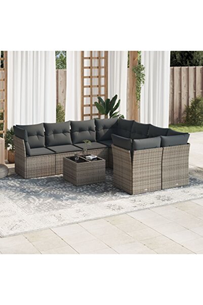 vidaxl Set canapele de gradina, 9 piese, cu perne, gri, poliratan