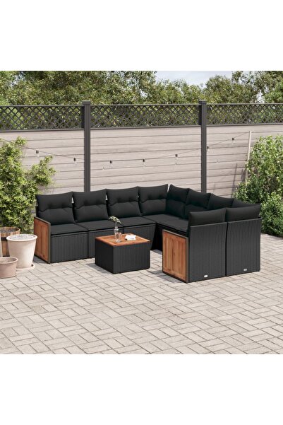 vidaxl Set mobilier de gradina cu perne, 9 piese, negru, poliratan