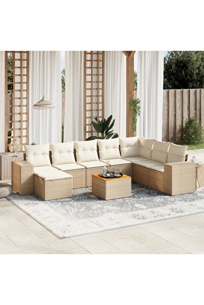 vidaxl Set canapele de gradina, 9 piese, cu perne, bej, poliratan