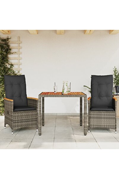 vidaxl Set bistro de gradina cu perne, 3 piese, gri, poliratan
