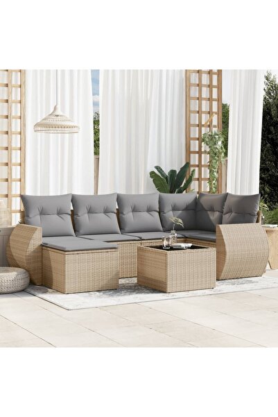 vidaxl Set canapele de gradina, 7 piese, cu perne, bej, poliratan