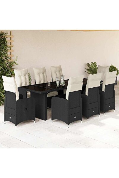 vidaxl Set bistro de gradina, 9 piese, cu perne, negru, poliratan