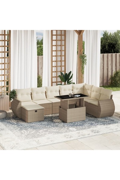 vidaxl Set canapele de gradina, 9 piese, cu perne, bej, poliratan