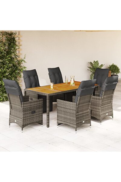vidaxl Set bistro de gradina cu perne, 7 piese, gri, poliratan