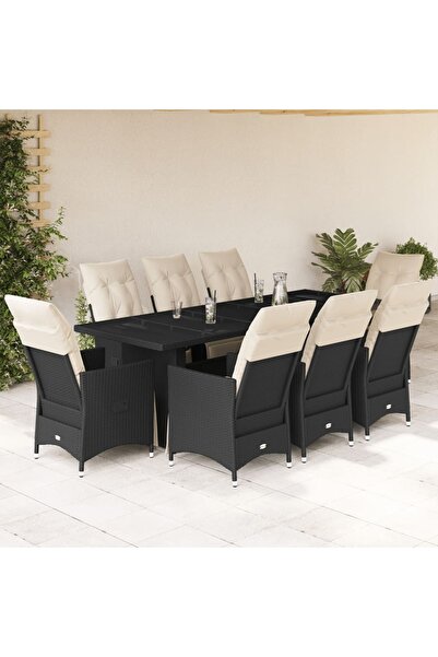 vidaxl Set bistro de gradina, 9 piese, cu perne, negru, poliratan