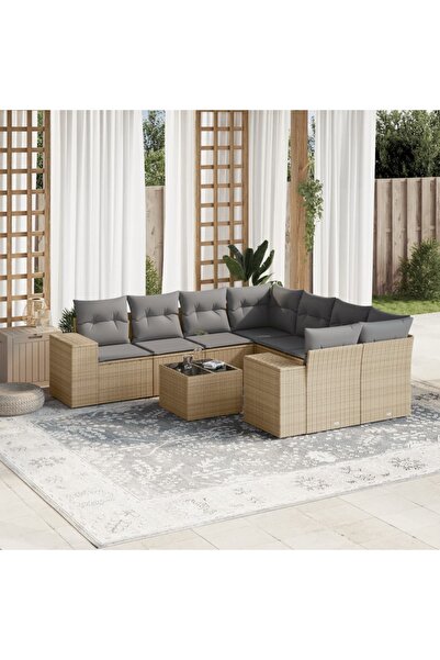 vidaxl Set canapele de gradina, 9 piese, cu perne, bej, poliratan