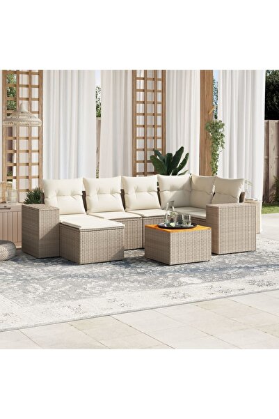 vidaxl Set canapele de gradina, 7 piese, cu perne, bej, poliratan