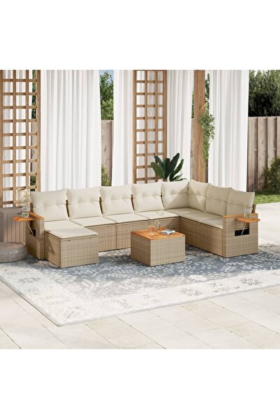 vidaxl Set canapele de gradina, 9 piese, cu perne, bej, poliratan