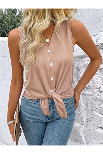 Kokosh moda بلوزة نسائية من الفيسكون بياقة على شكل V وأزرار وتفاصيل ربط