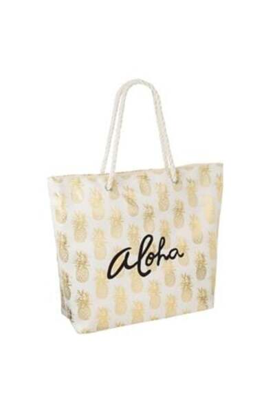 SHOPIENS Geantă de plajă bej cu ananas auriu  "Aloha " 55 x 15 x 42 cm