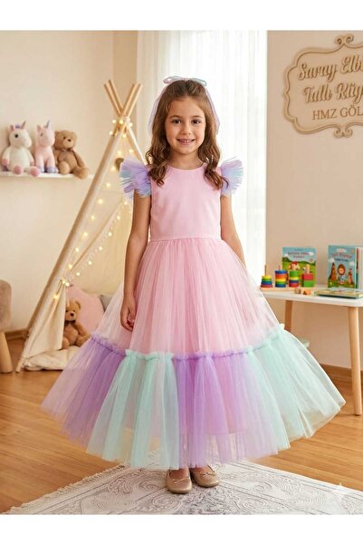 Lina Baby Bloom Mint Pembe Pastel Tüllü Kız Çocuk Prenses Elbise Özel Gün Abiye