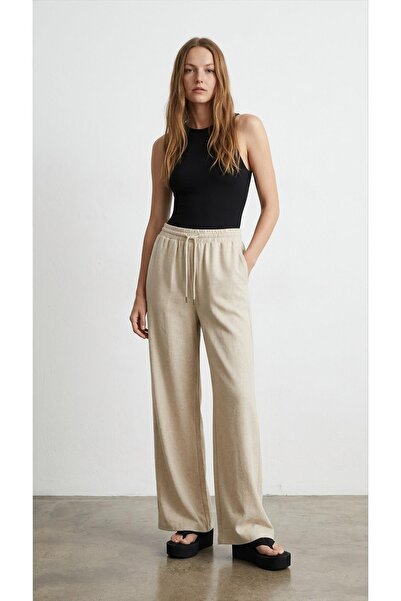 MU&ME BOUTİQUE PANTALONI CU TALIE ELASTICĂ, DETALII ELASTICE, 70% BUMBAC, 30% IN