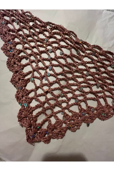 lunera El Örgüsü Simli Pullu Gül Kurusu Bandana %100 Pamuk Saç Bandı 54x21 cm
