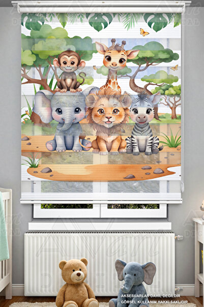Avart Digital Safari Sevimli Hayvanlar Baskılı Çocuk Odası Zebra Stor Perde -...