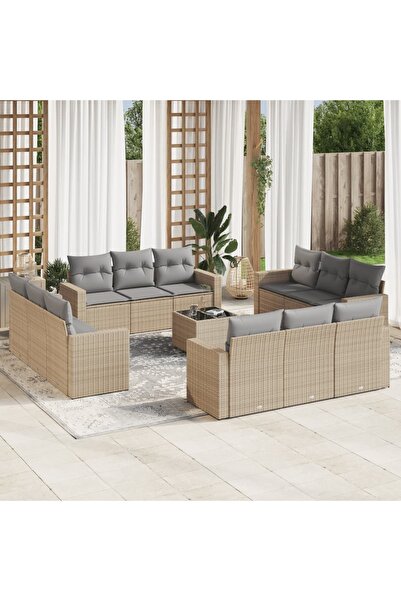 vidaxl Set canapele de gradina, 13 piese, cu perne, bej, poliratan