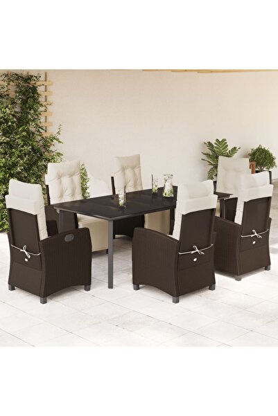 vidaxl Garden furniture set with cushions, 7 pieces, brown, polyrattan