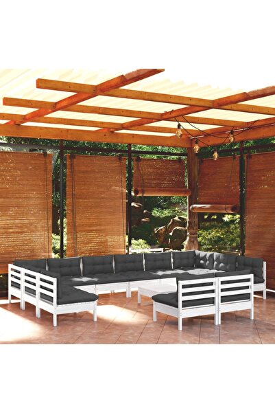 vidaxl Set mobilier de gradina cu perne, 13 piese, alb, lemn masiv pin