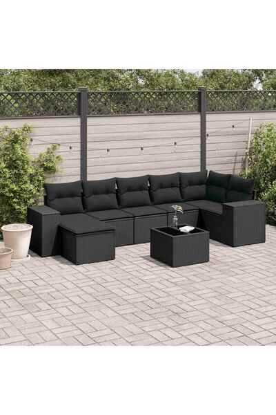 vidaxl Set mobilier de gradina cu perne, 8 piese, negru, poliratan