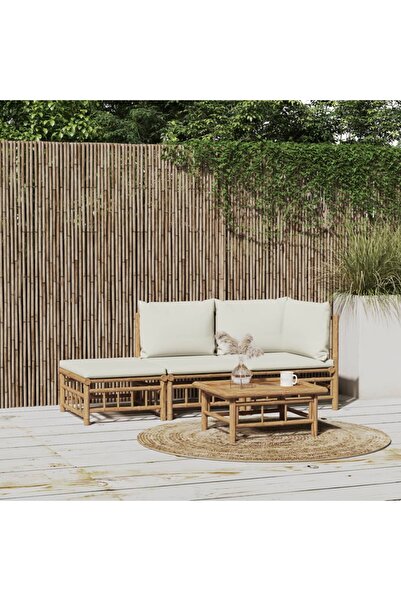 Concept Set mobilier de grădină, cu perne alb crem, 3 piese, bambus