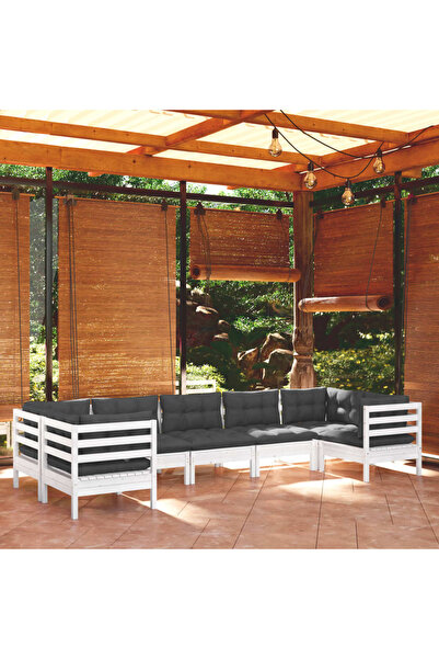 vidaxl Set mobilier de gradina cu perne, 7 piese, alb, lemn masiv pin