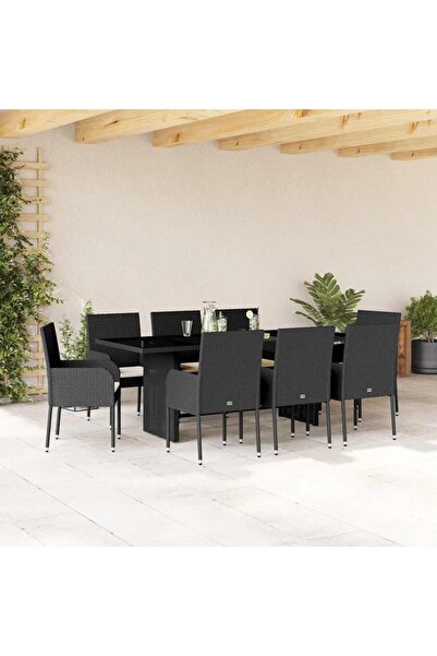 vidaxl Garden furniture set with cushions, 9 pieces, black, polyrattan