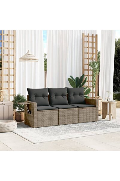 vidaxl Set canapea de gradina cu perne, 3 piese, gri, poliratan