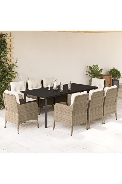 vidaxl 9-piece garden table set with cushions, beige, polyrattan