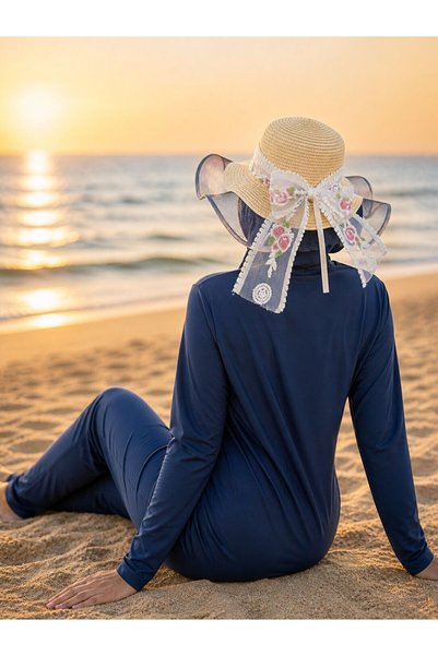 EBRUTESETTÜR Tulle Detailed Floral Ribbon Straw Hat Camel
