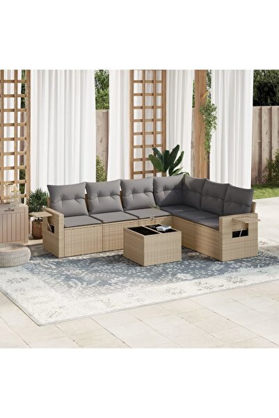 vidaxl Garden sofa set, 7 pieces, with cushions, beige, polyrattan