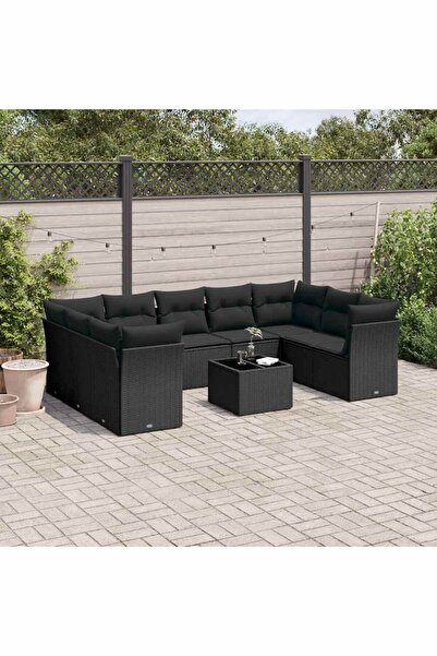 vidaxl Set canapele de gradina cu perne, 10 piese, negru, poliratan