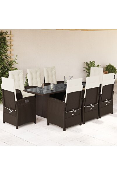 vidaxl Garden furniture set with cushions, 9 pieces, brown, polyrattan