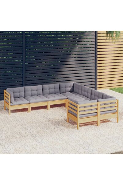 vidaxl Set mobilier de gradina cu perne gri, 8 piese, lemn masiv pin