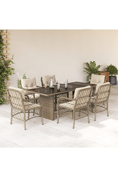 vidaxl 7-piece garden table set with cushions, beige, polyrattan