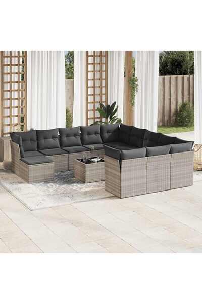vidaxl Garden sofa set with cushions, 13 pieces, light grey polyrattan