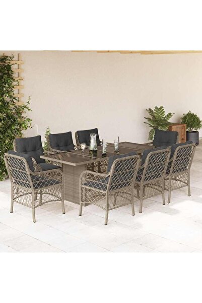 vidaxl Set mobilier gradina cu perne, 9 piese, gri deschis, poliratan