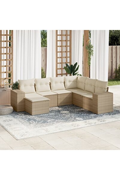 vidaxl Garden sofa set, 7 pieces, with cushions, beige, polyrattan