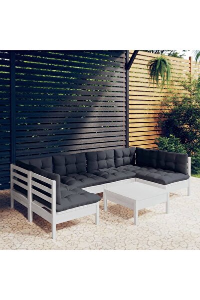 vidaxl Garden furniture set with cushions, 7 pieces, white, solid pine wood