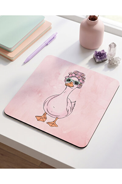 matizya Bigudili ve Gözlüklü Kaz Desenli Kare Mouse Pad Pembe Aesthetic Komik...