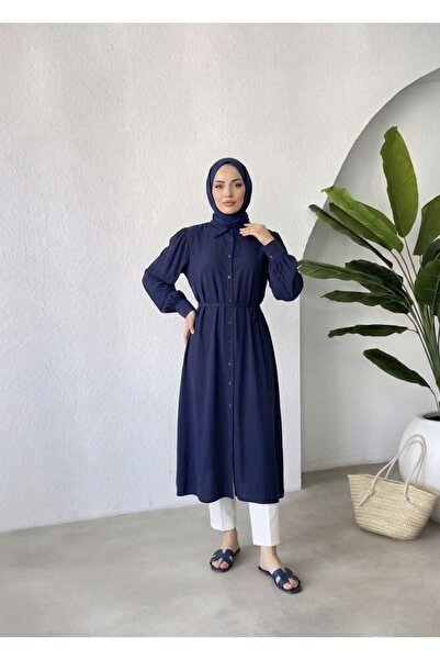 Lunsera Store Yakalı Uzun Kupra Tunik-Lacivert