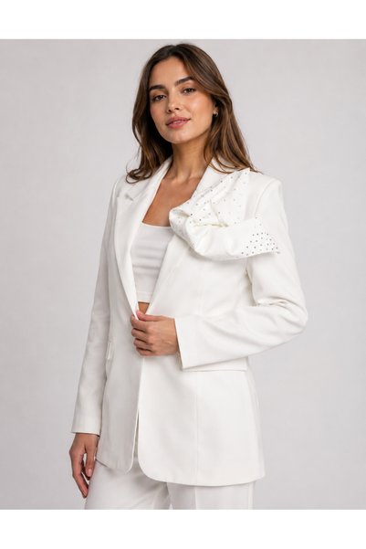 Mys Collection Taş Detaylı Beyaz Kadın Blazer Ceket