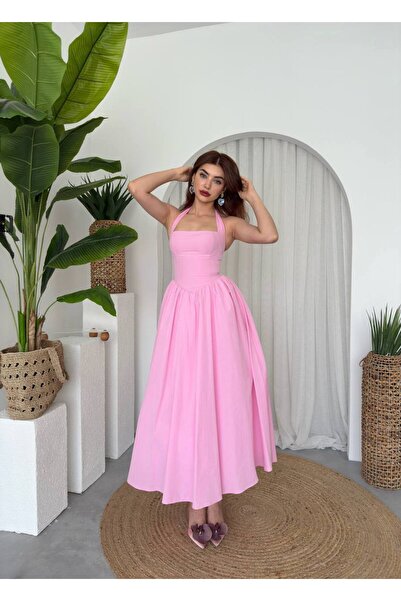 Ayzde Fashion Fedro Poplin Midi Boyundan Bağlamalı Kadın Elbise