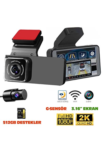 DVR-411 3.16" Araç İçi Kamerası Dvr Wi-Fi Lcd Ekranlı Gece Görüşlü 2 Kameralı 2K+1K G-Sensö