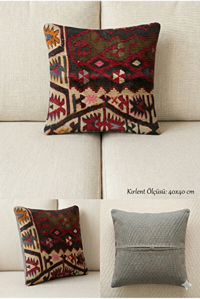 KIRLENT TEKSTİL Etnik Kilim Desenli El Dokuma Dekoratif Kırlent Kılıfı - 40x40 cm